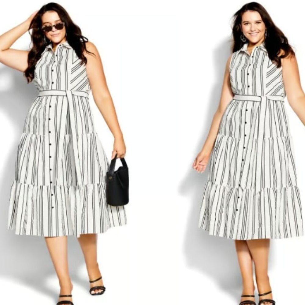 City Chic Black White Striped Sleeveless Tiered Midi Shirt‎ Dress with Belt